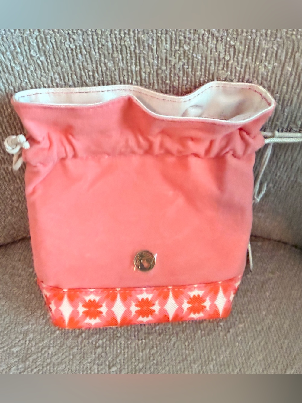 Spartina 449 Coral Pink Drawstring Pouch with Patterned Trim
